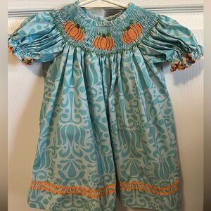 Charming Pumpkin Smocked Kids Dress - Teal and Orange